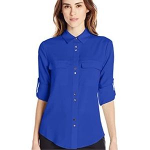 Ivanka Trump beautiful blue blouse with gold buttons. Long sleeves. Size XL